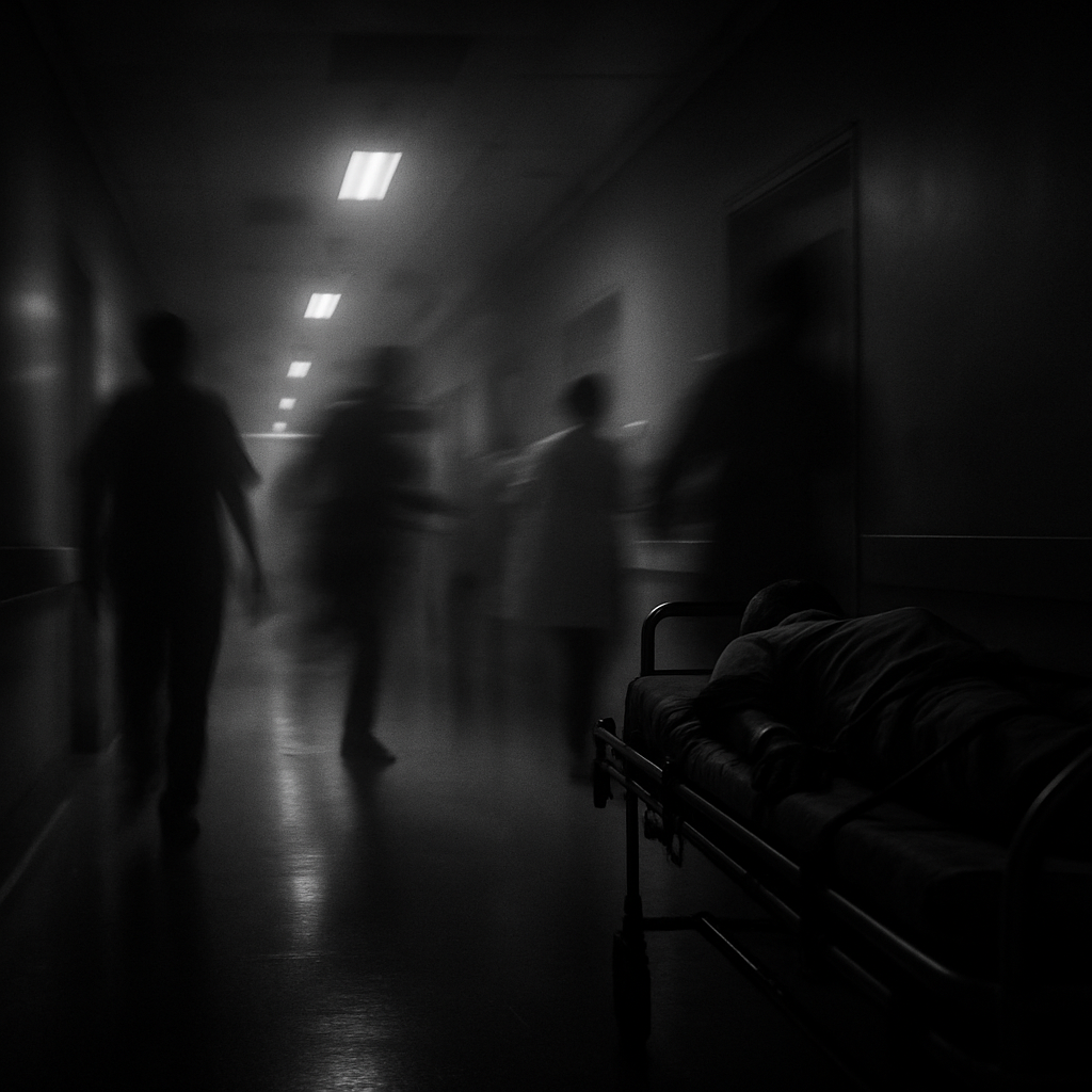 a black and white image of a hospital corridor with indistinguishable people standing or rushing around