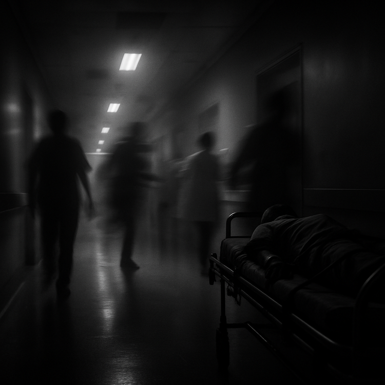 black and white, gloomy scene of a hospital corridor with faceless people rushing